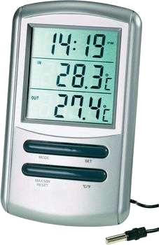Extra stor inom-/utomhustermometer med klocka